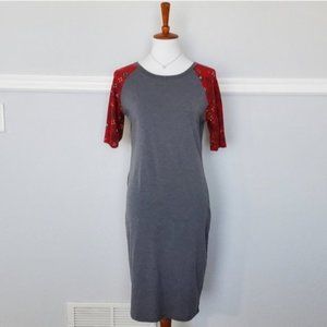 LuLaRoe Julia Maxi Dress Crewneck Stretchy Grey Red Geometric Print M